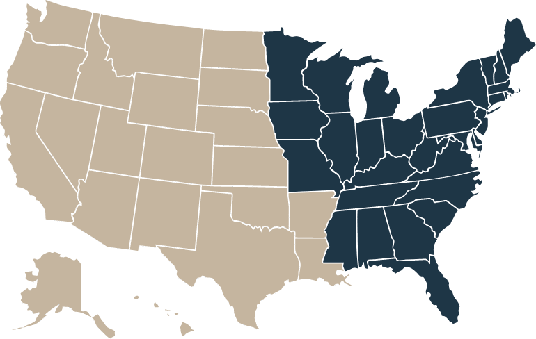 Map showing all the states where white glove shipping is available, which includes all state east of the Mississippi, as well as Minnesota, Iowa, and Missouri.
